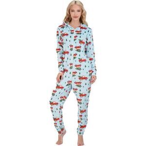 woman’s s/m fleece pajamas Christmas HOLIDAY ONE-PIECE HOODED teal